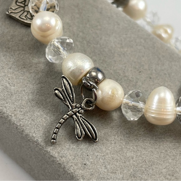 Unsigned Freshwater Pearl with Dragonfly and Cross Charm Stretch Bracelet - Picture 4 of 5